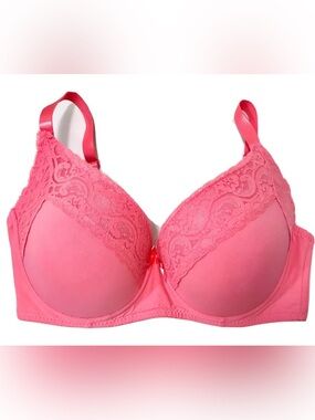 Delta Burke Bra Size 38DD Pink Lace Bow Accent Padded Full Cover Underwire Bra